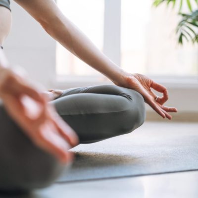 Young fit woman practice yoga doing asana lotus position in light yoga studio with green house plant